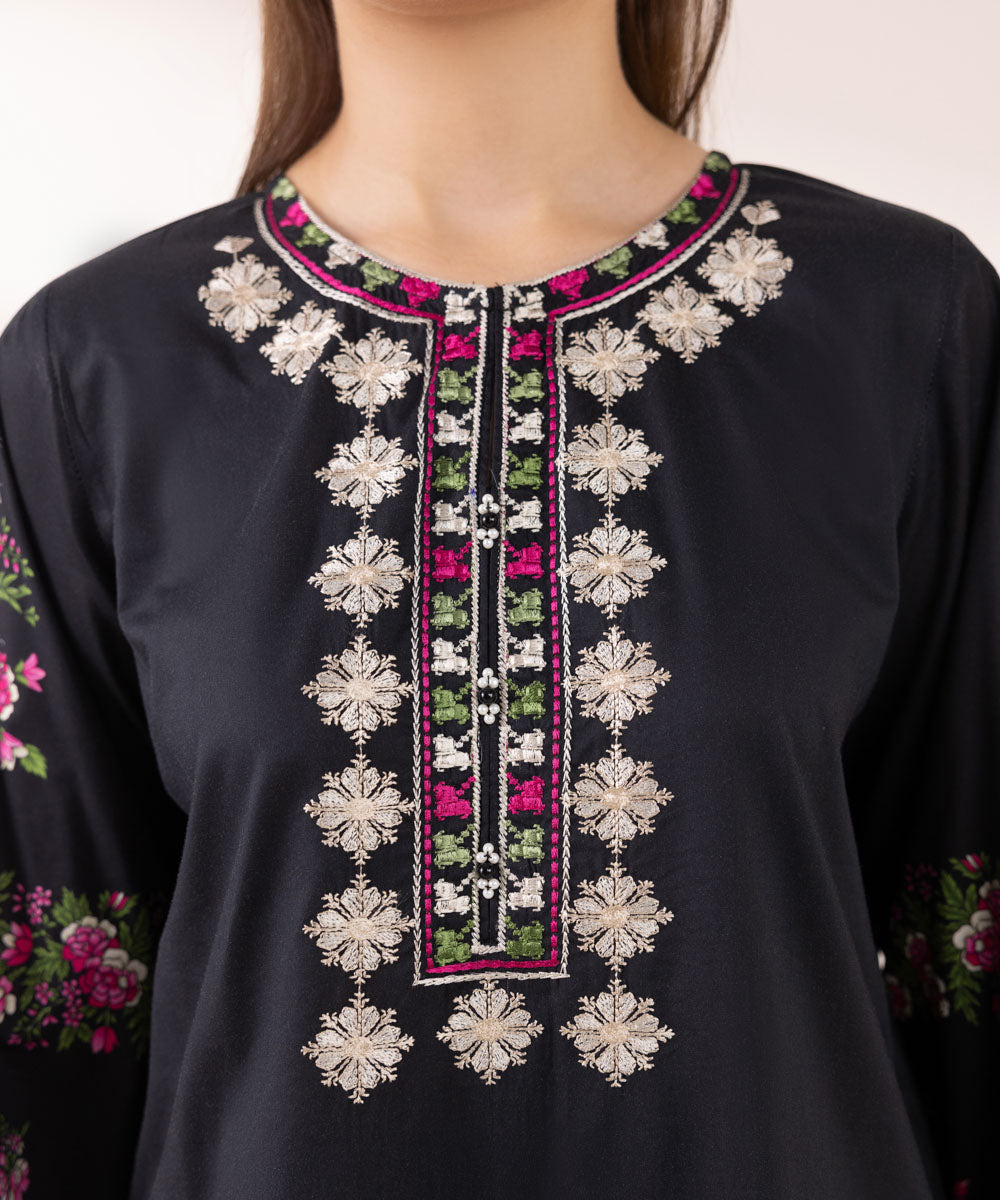 Women's Pret Cotton Viscose Black Embroidered A-Line Shirt