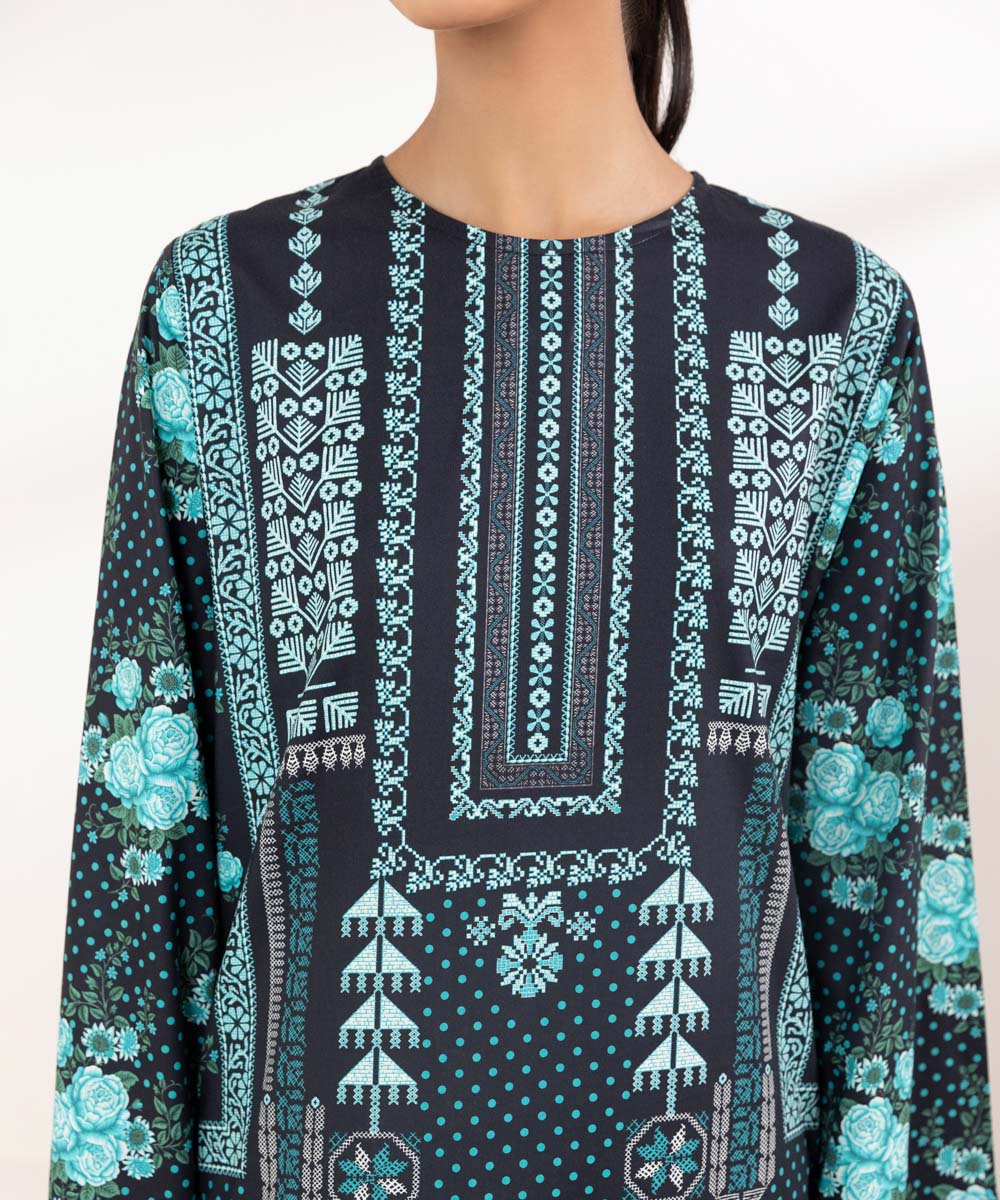 Women's Pret Cotton Viscose Blue Printed Boxy Shirt