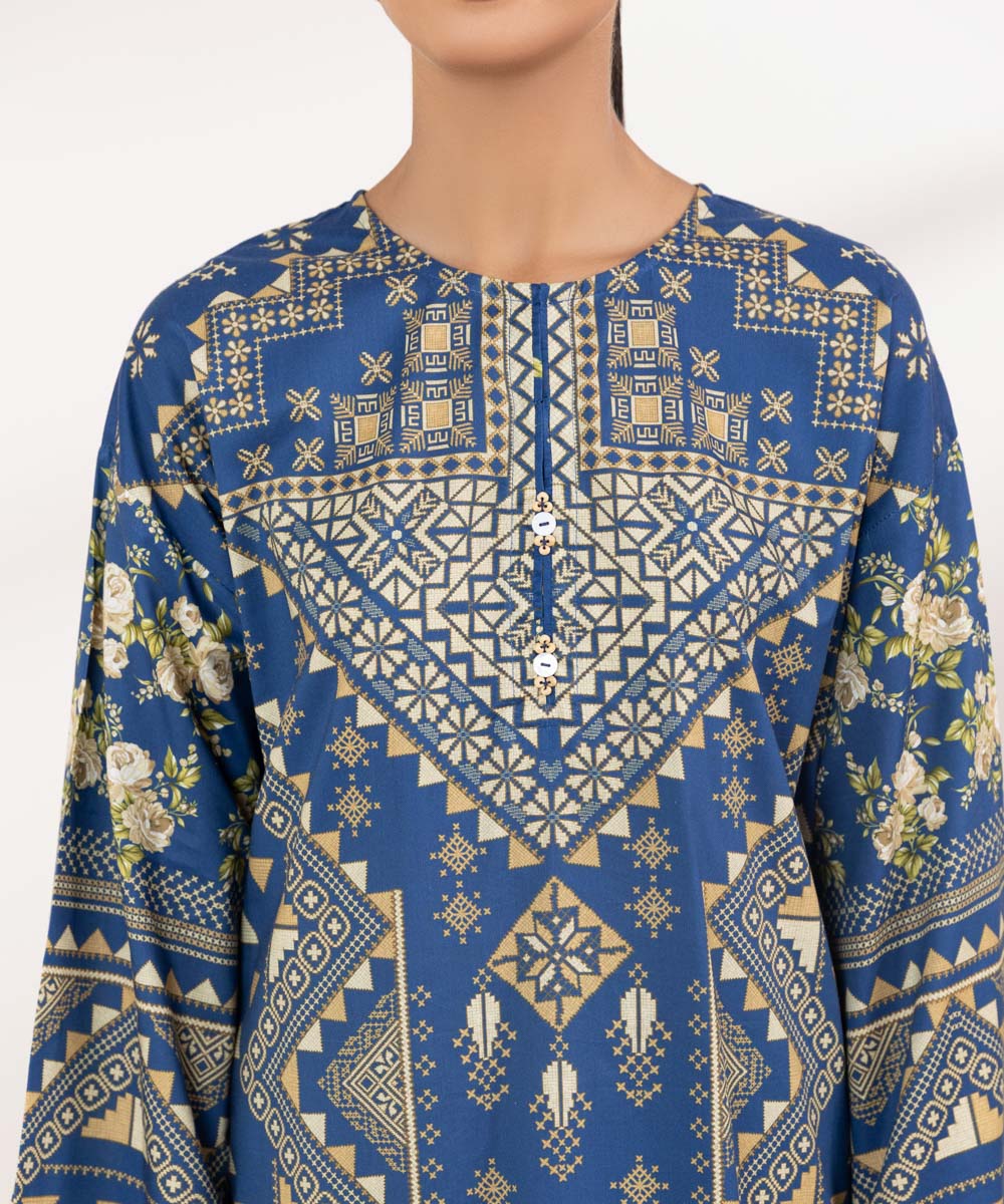 Women's Pret Cotton Viscose Blue Printed Boxy Shirt