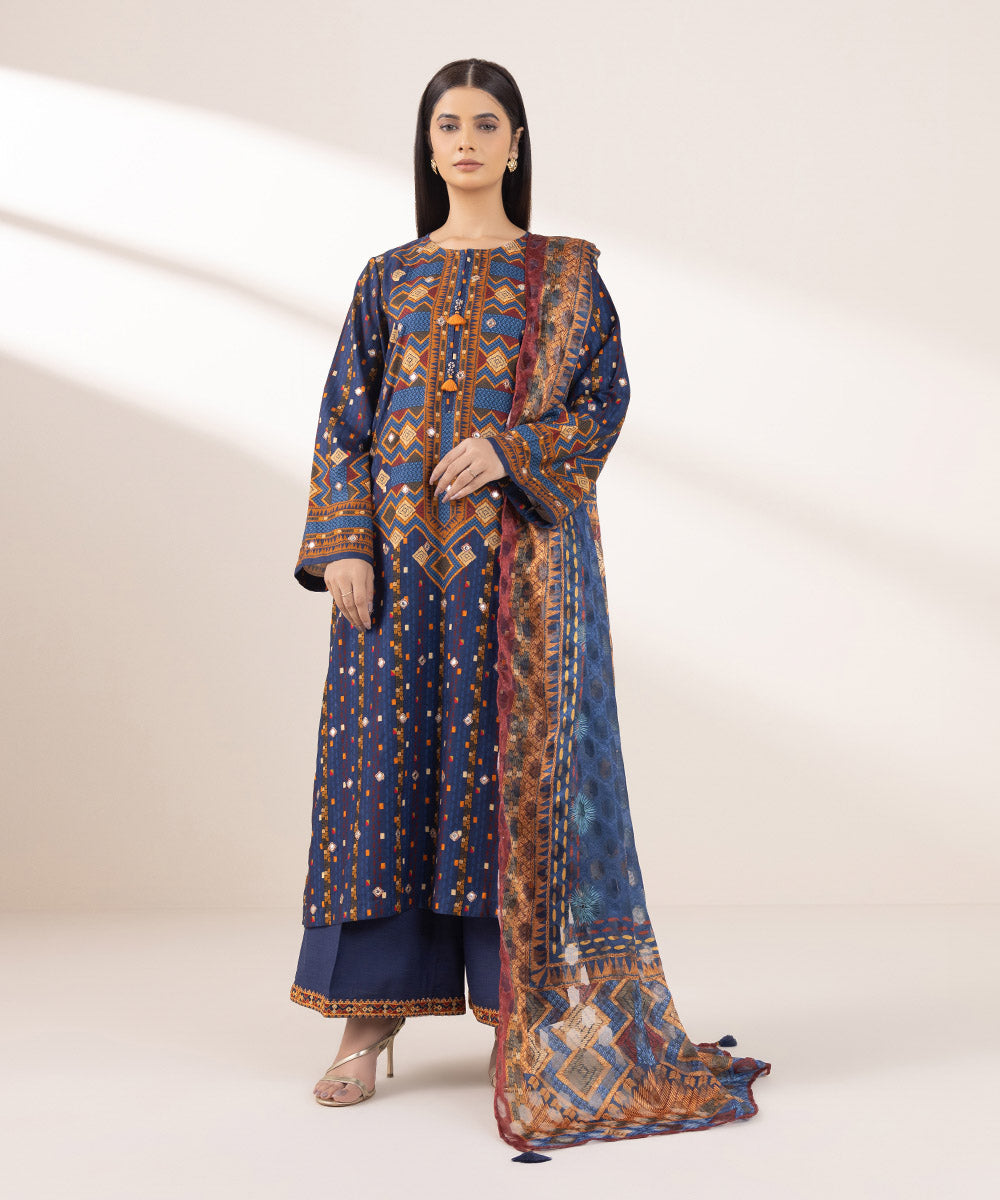 Women's Pret Dull Raw Silk Embroidered Blue A-Line Shirt