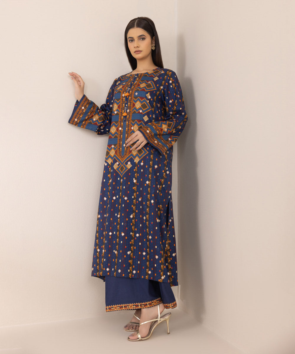 Women's Pret Dull Raw Silk Embroidered Blue A-Line Shirt