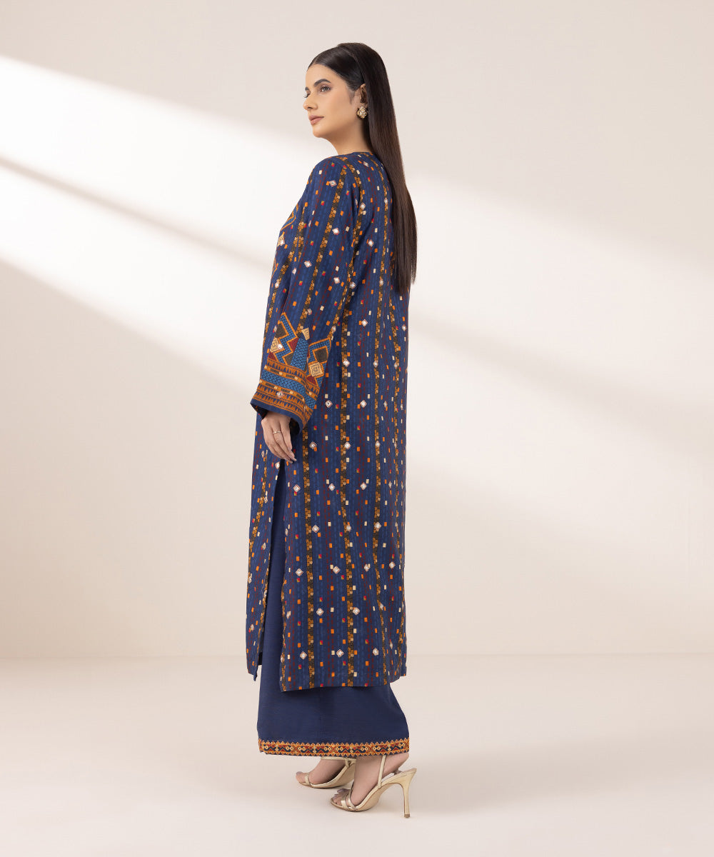 Women's Pret Dull Raw Silk Embroidered Blue A-Line Shirt