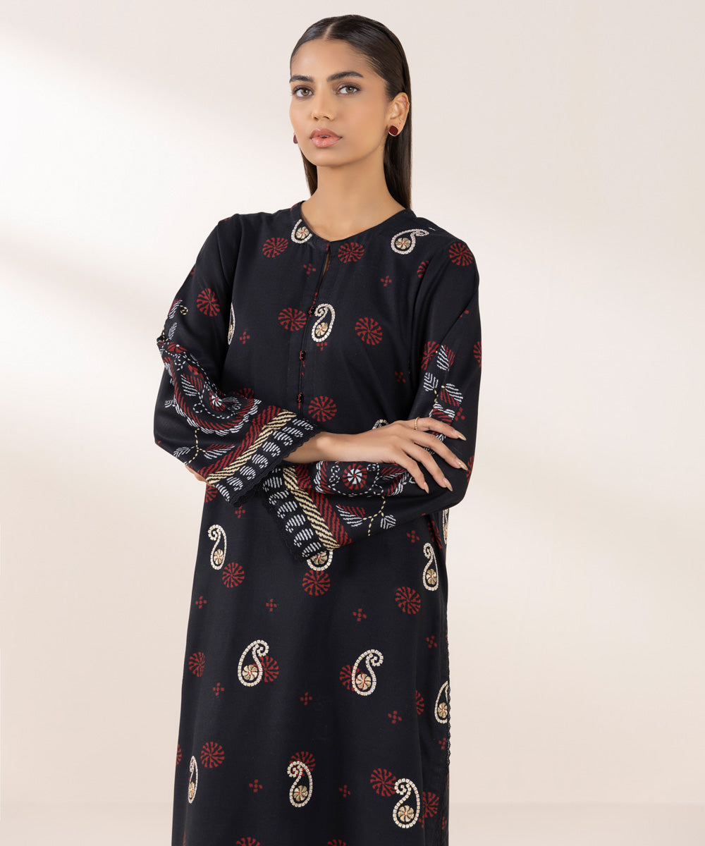 Women's Pret Dull Raw Silk Embroidered Black Straight Shirt