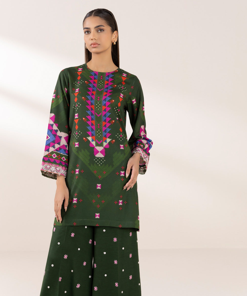 Women's Pret Dull Raw Silk Embroidered Green A-Line Shirt