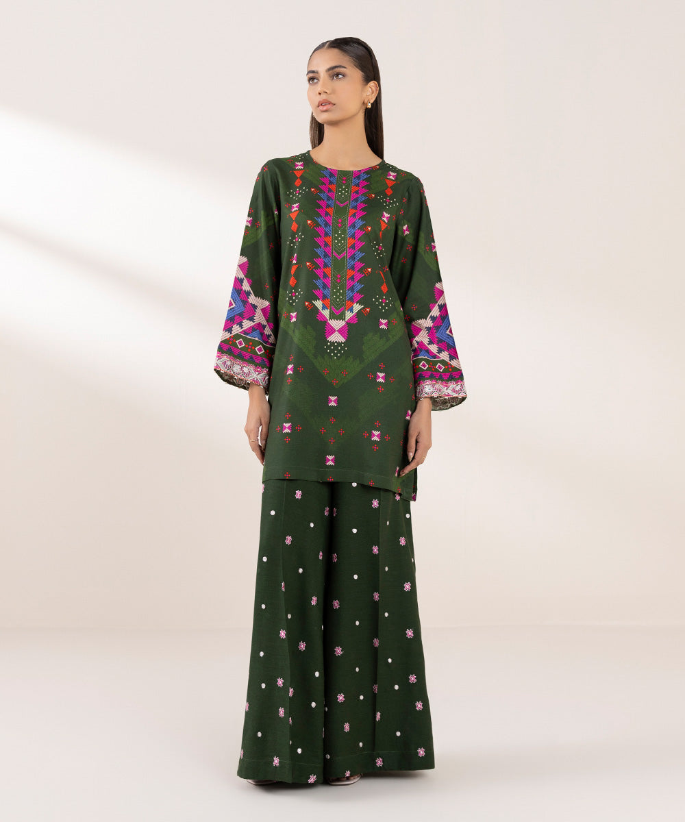 Women's Pret Dull Raw Silk Embroidered Green A-Line Shirt