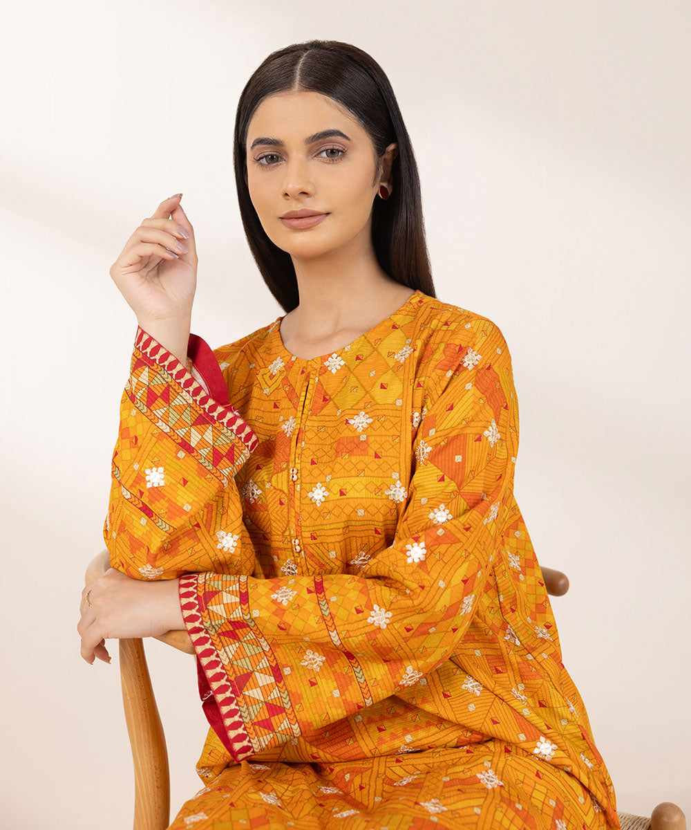 Women's Pret Dull Raw Silk Embroidered Orange A-Line Shirt