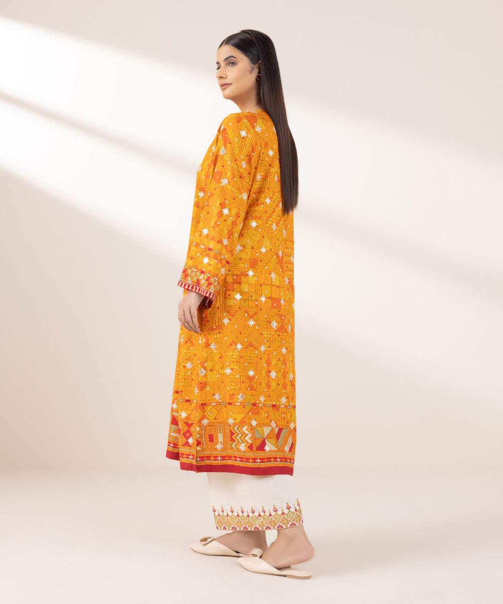 Women's Pret Dull Raw Silk Embroidered Orange A-Line Shirt