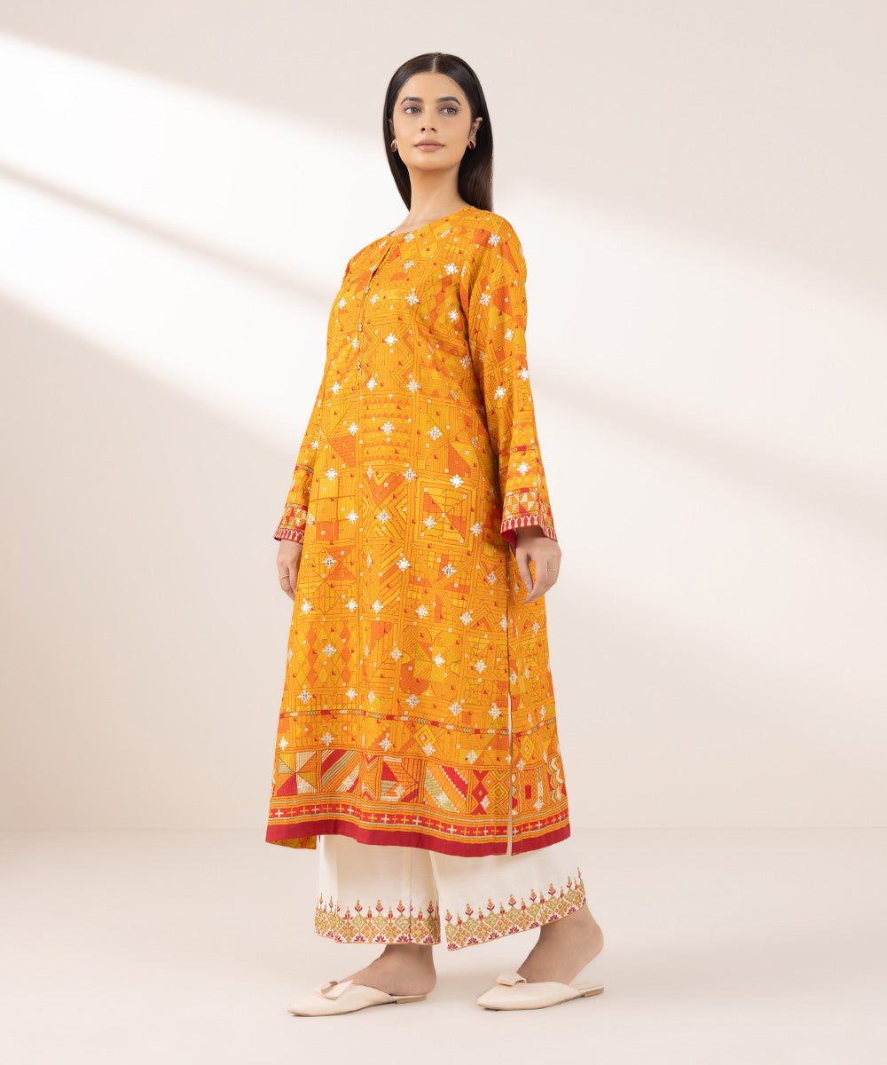 Women's Pret Dull Raw Silk Embroidered Orange A-Line Shirt