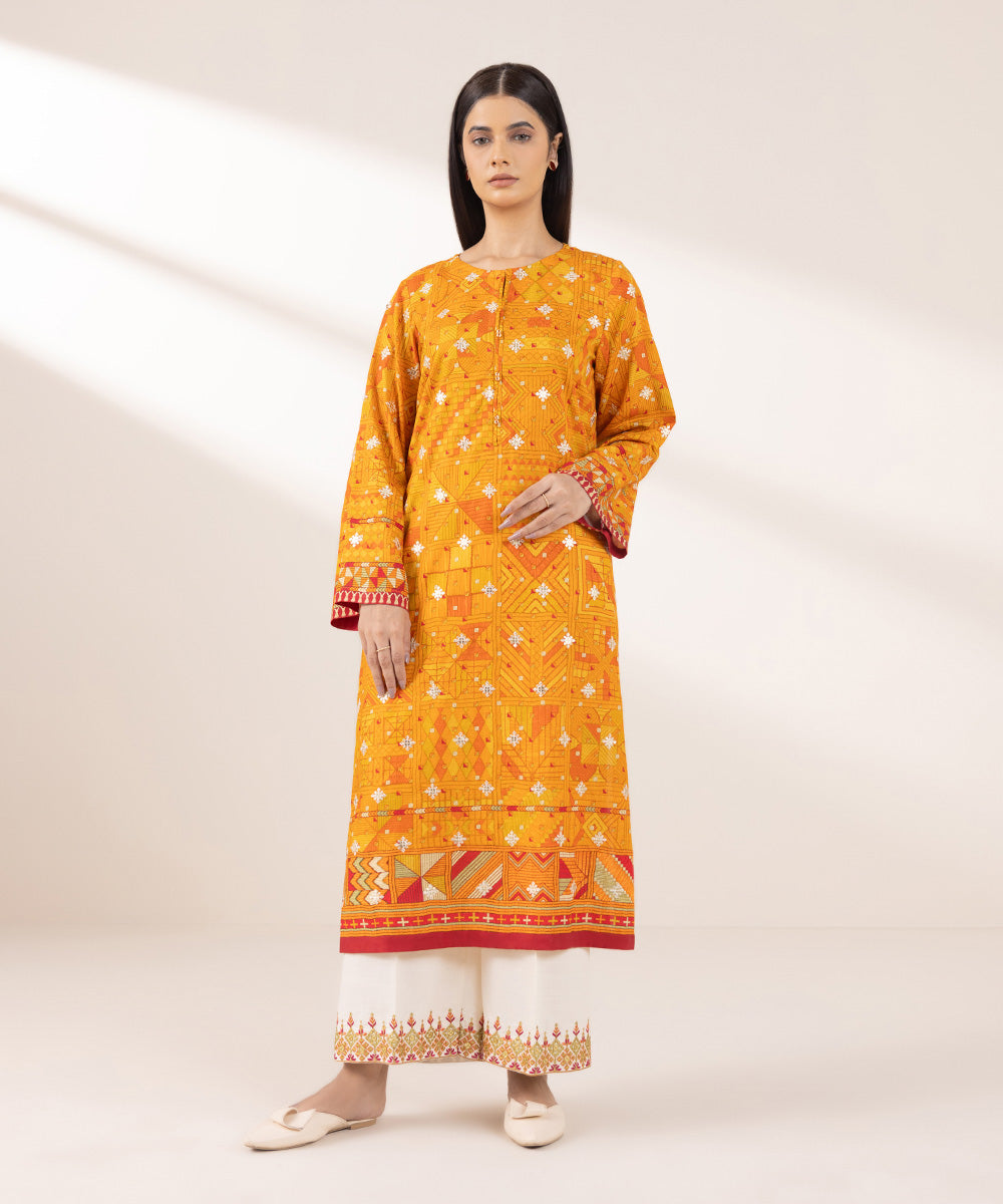 Women's Pret Dull Raw Silk Embroidered Orange A-Line Shirt