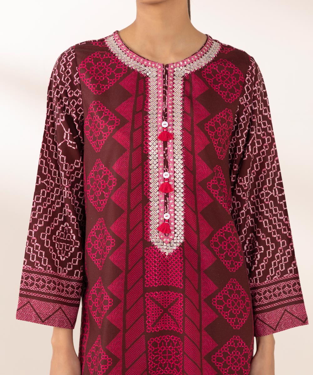 Women's Pret Dull Raw Silk Embroidered Red A-Line Shirt