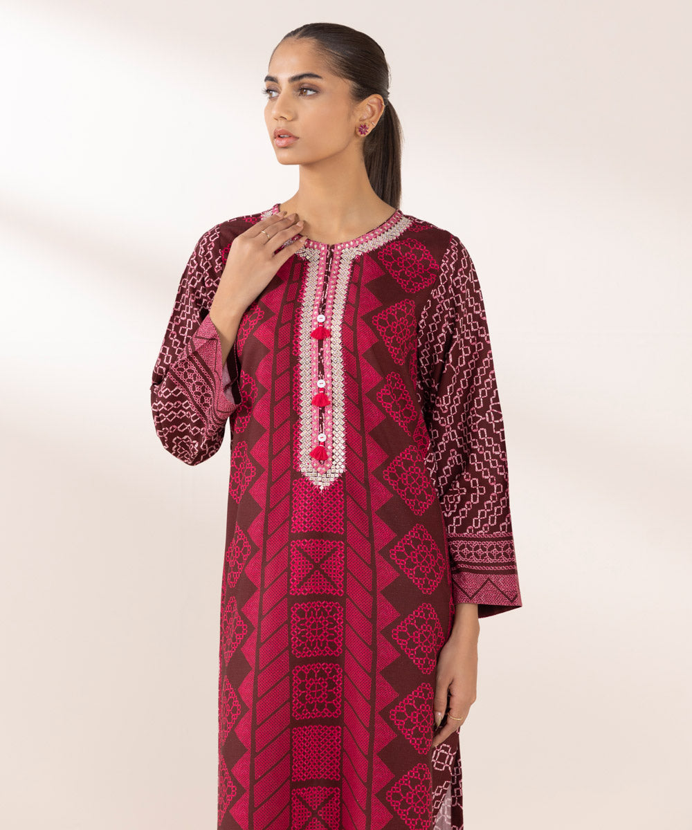 Women's Pret Dull Raw Silk Embroidered Red A-Line Shirt