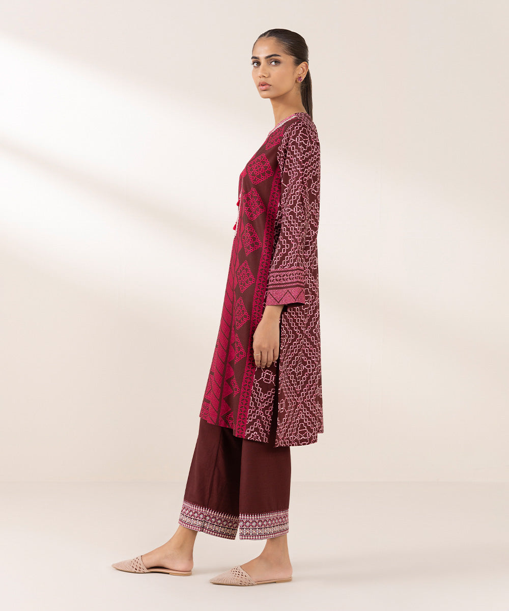 Women's Pret Dull Raw Silk Embroidered Red A-Line Shirt