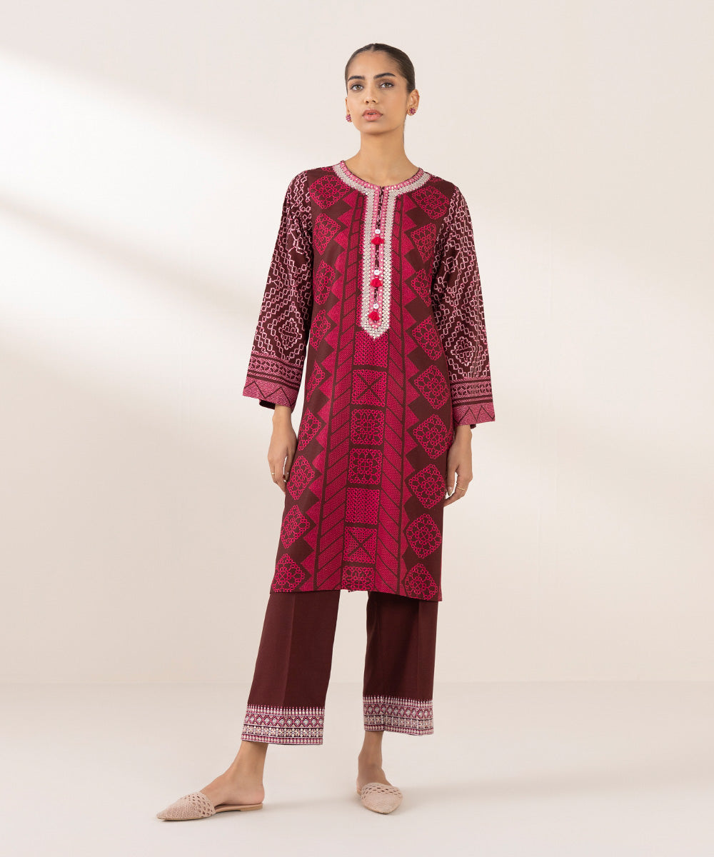 Women's Pret Dull Raw Silk Embroidered Red A-Line Shirt