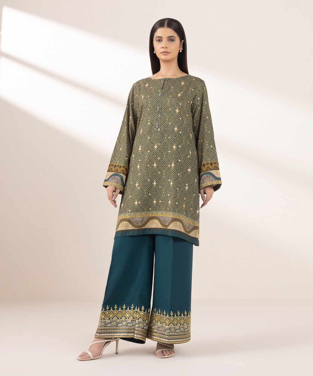 Women's Pret Dull Raw Silk Embroidered Multi A-Line Shirt