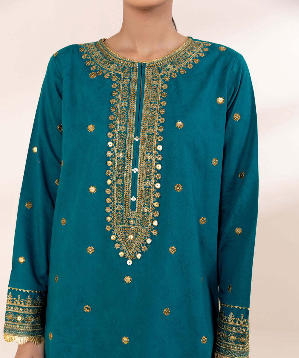 Women's Pret Cotton Jacquard Blue Embroidered A-Line Shirt