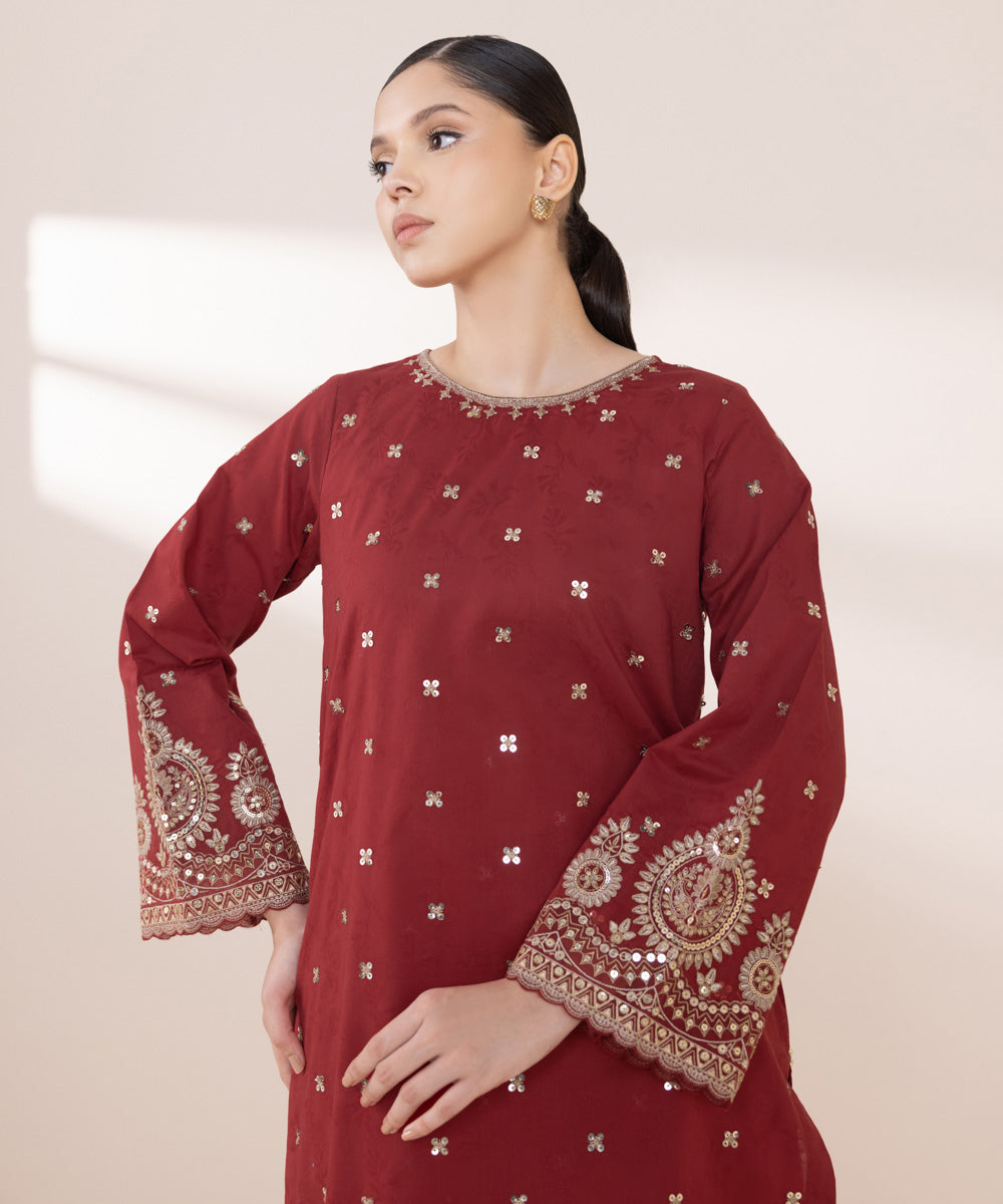 Women's Pret Cotton Jacquard Red Embroidered A-Line Shirt