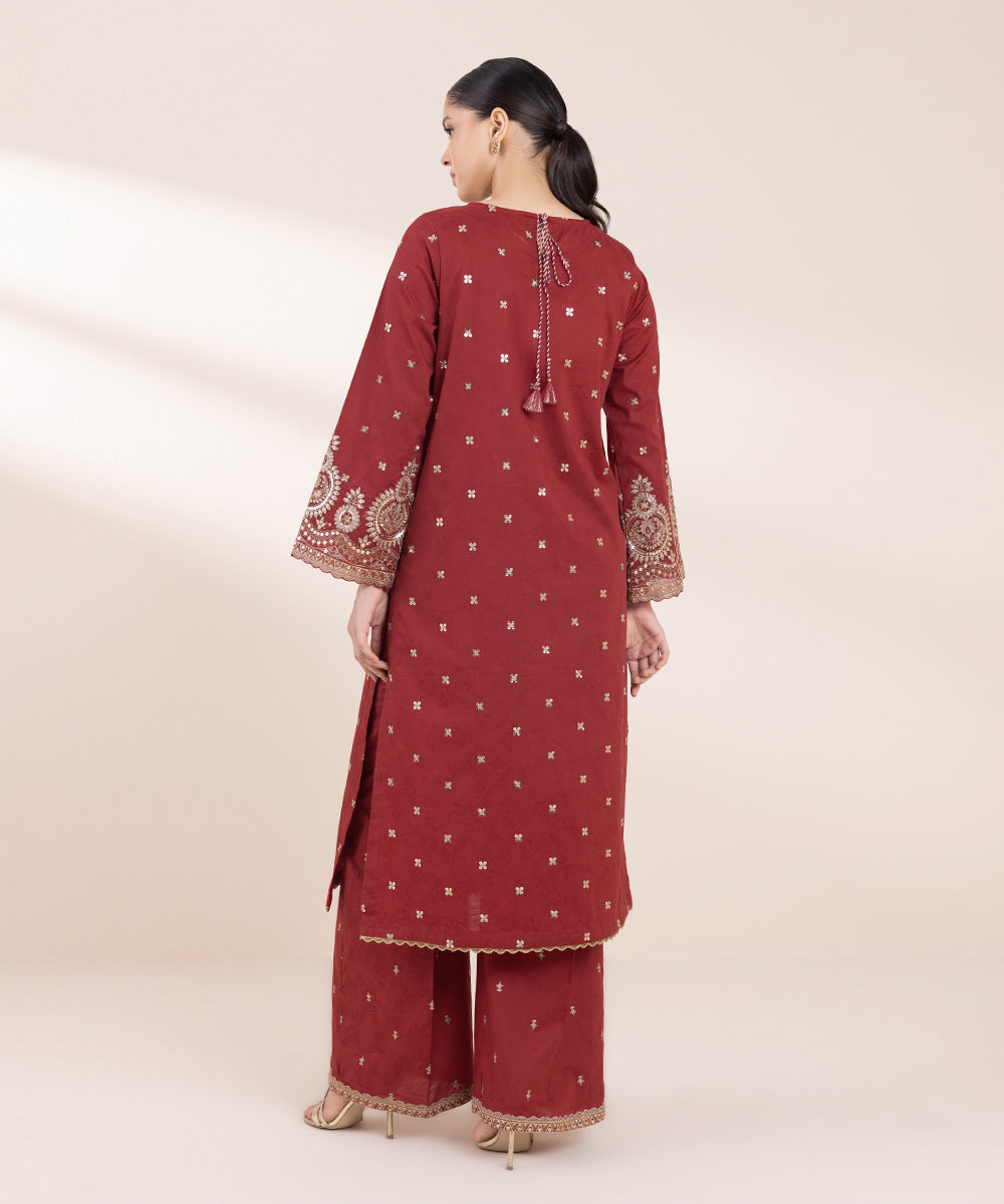 Women's Pret Cotton Jacquard Red Embroidered A-Line Shirt