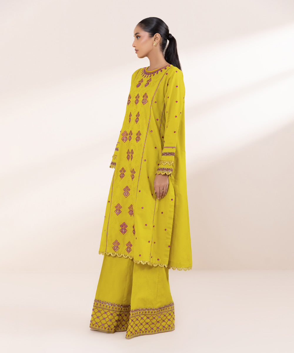 Women's Pret Cotton Jacquard Yellow Embroidered A-Line Shirt