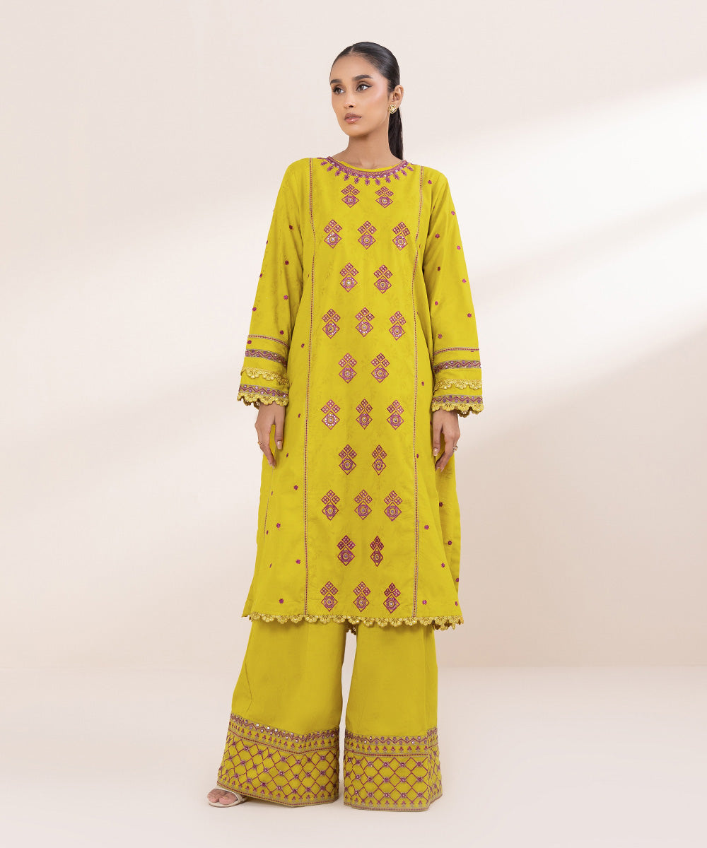 Women's Pret Cotton Jacquard Yellow Embroidered A-Line Shirt