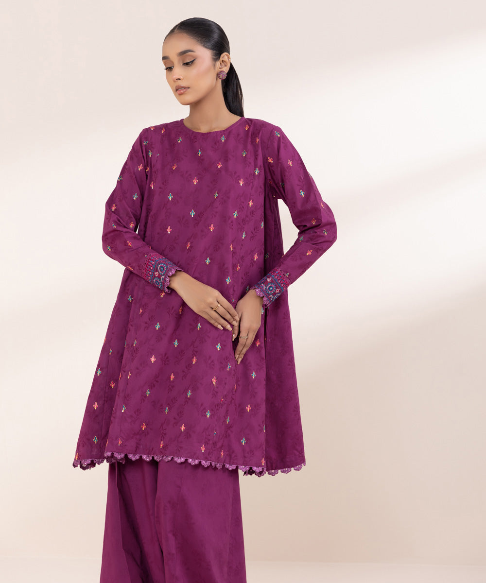 Women's Pret Cotton Jacquard Purple Embroidered A-Line Shirt