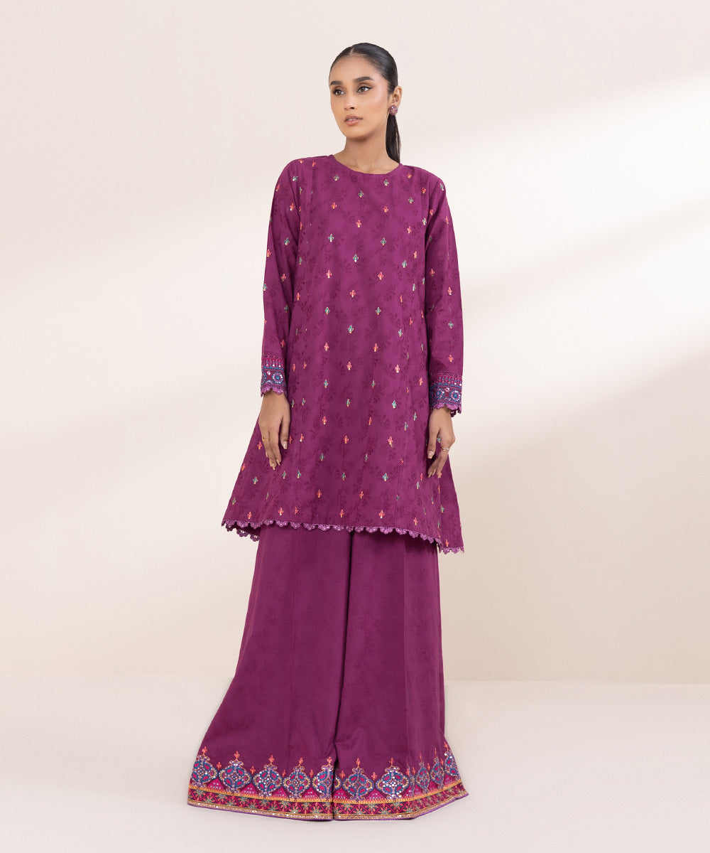 Women's Pret Cotton Jacquard Purple Embroidered A-Line Shirt