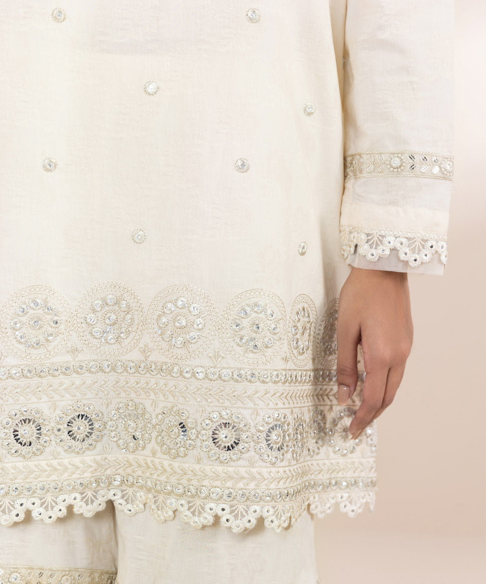 Women's Pret Cotton Jacquard Off White Embroidered A-Line Shirt