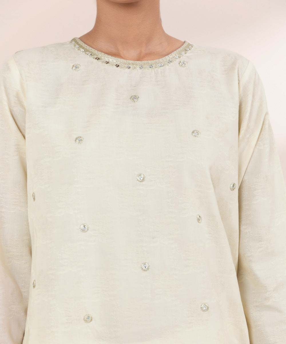 Women's Pret Cotton Jacquard Off White Embroidered A-Line Shirt