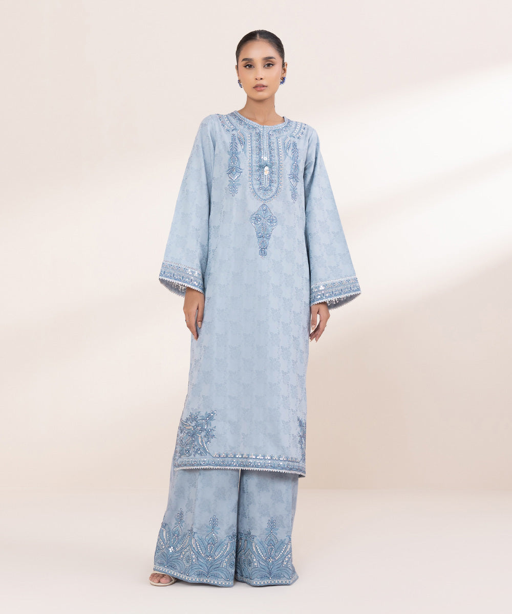 Women's Pret Cotton Jacquard Blue Embroidered A-Line Shirt