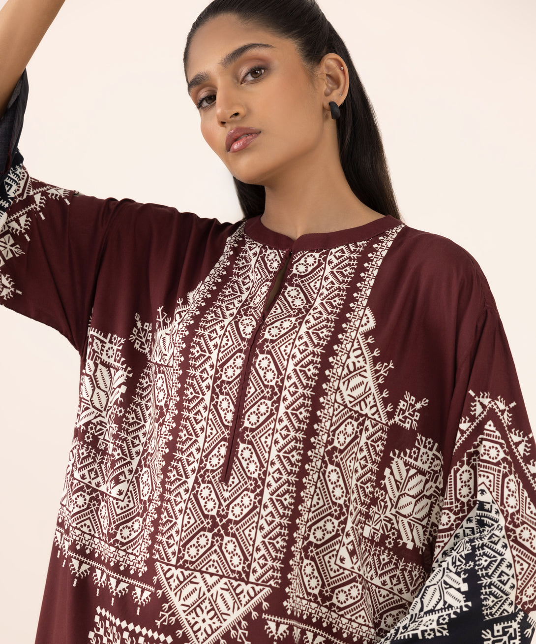 Women's RTW Arabic Lawn Red Printed Boxy Shirt