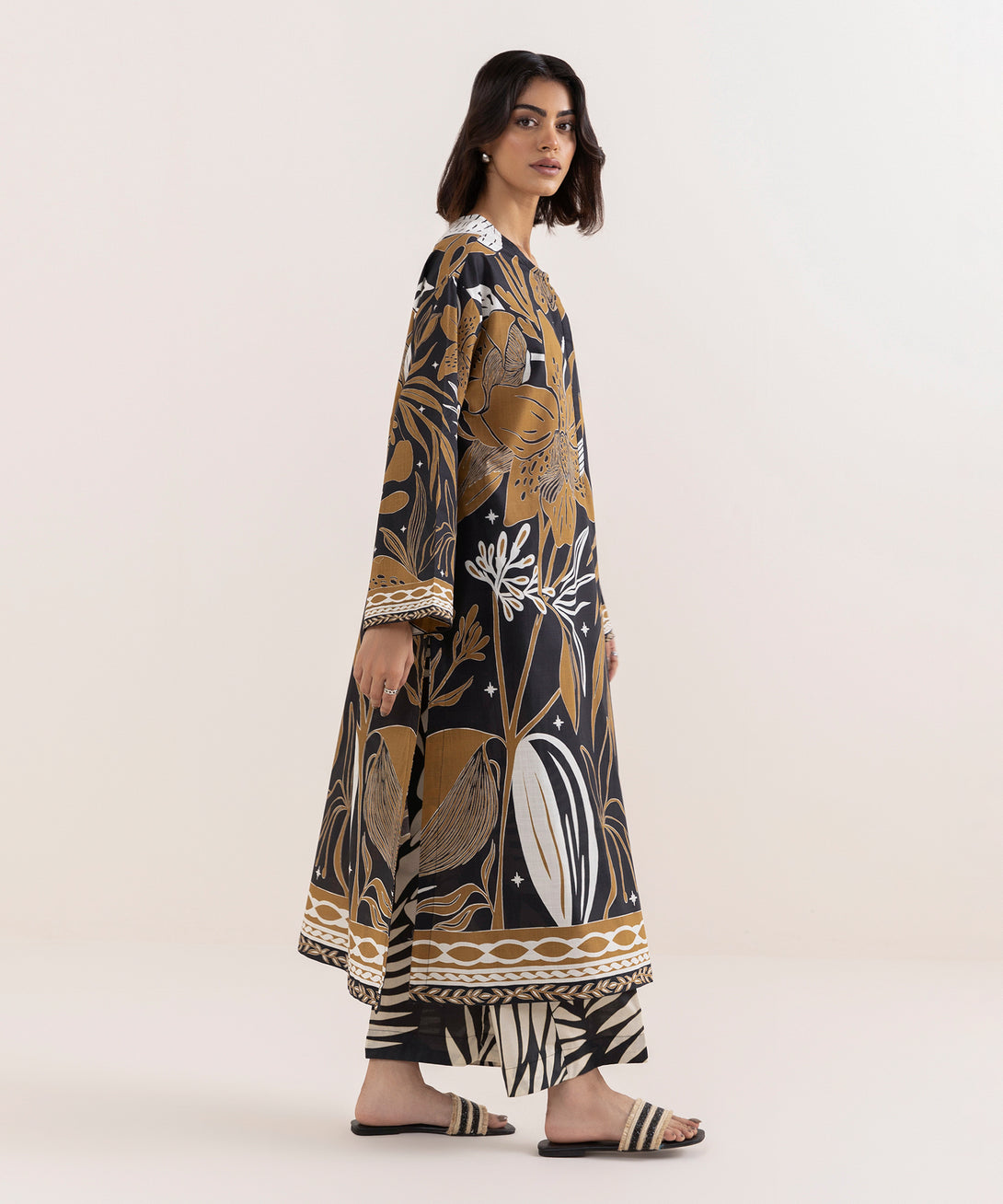 Women's RTW Cross Hatch Brown Printed Drop Shoulder Shirt