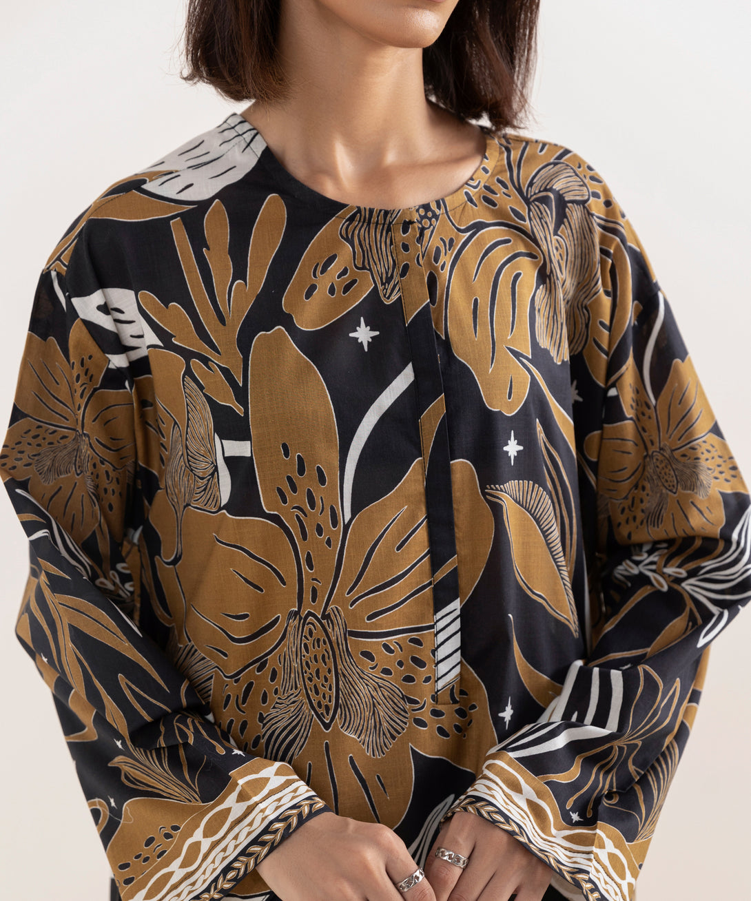 Women's RTW Cross Hatch Brown Printed Drop Shoulder Shirt