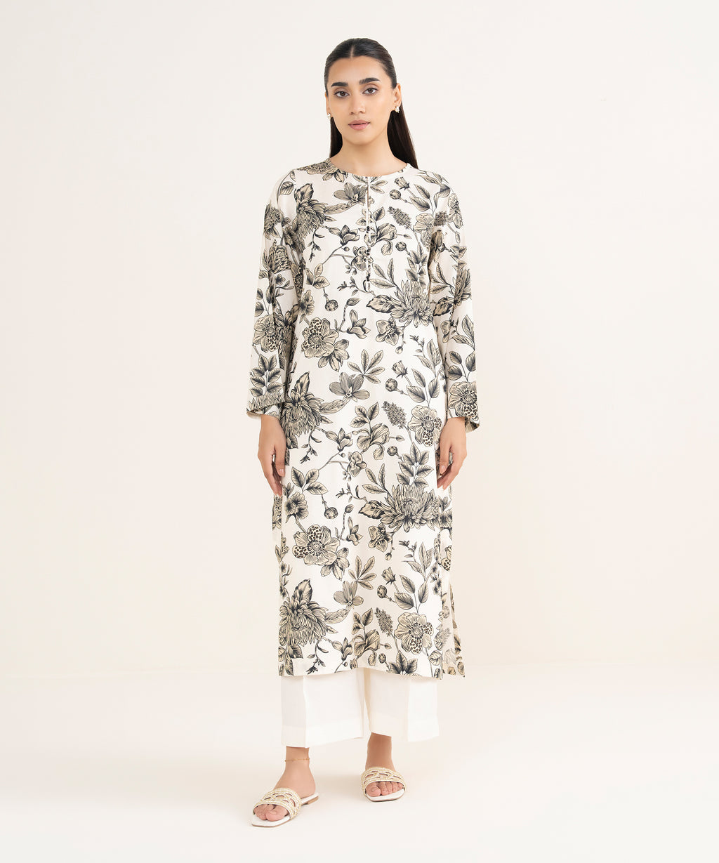 Women's RTW Viscose Lawn White Printed Straight Shirt