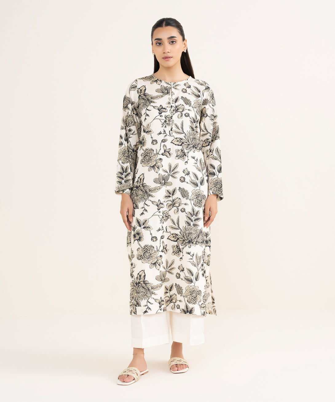 Women's RTW Viscose Lawn White Printed Straight Shirt