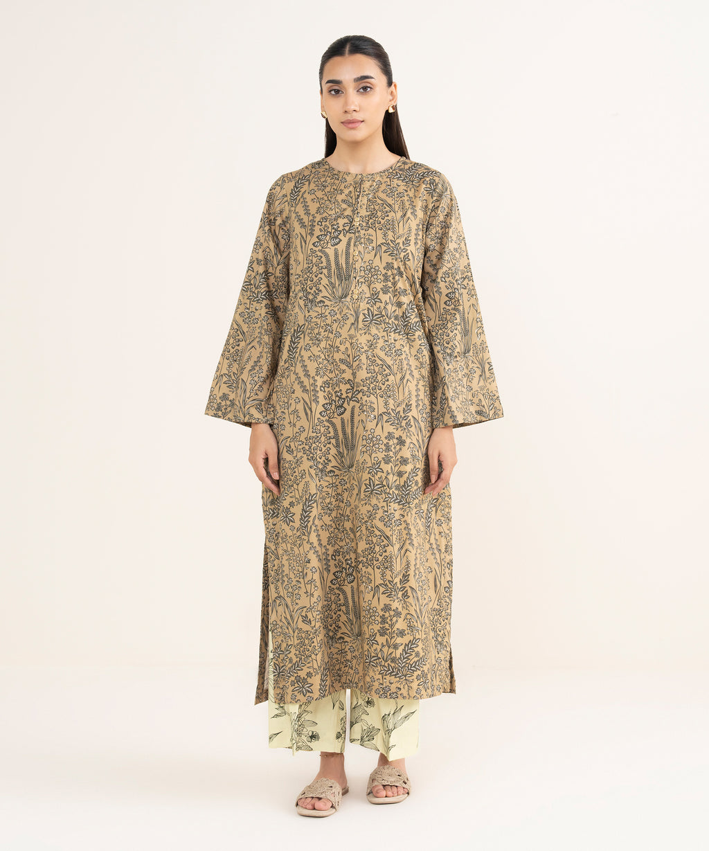 Women's RTW Viscose Lawn Beige Printed Straight Shirt