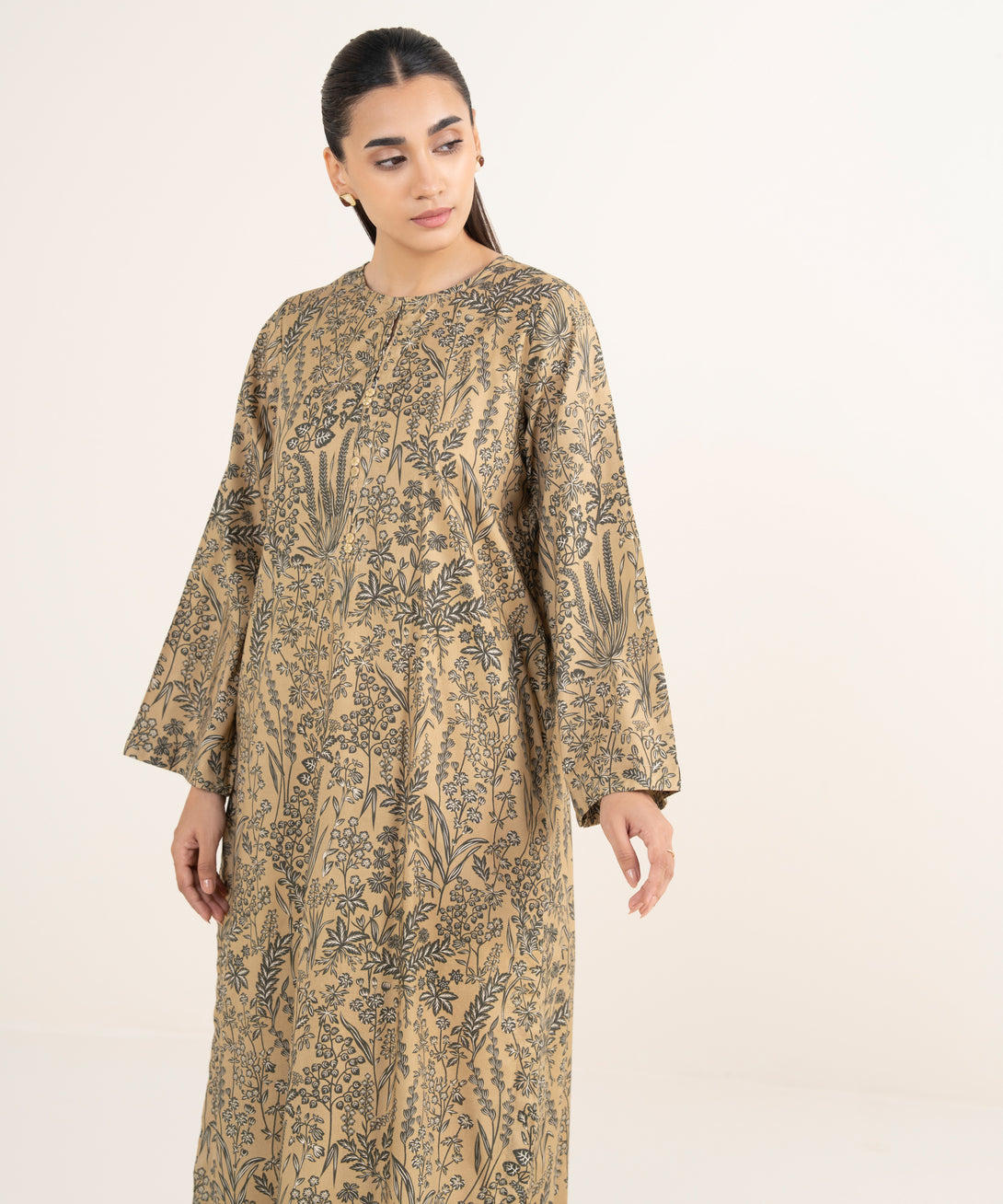 Women's RTW Viscose Lawn Beige Printed Straight Shirt