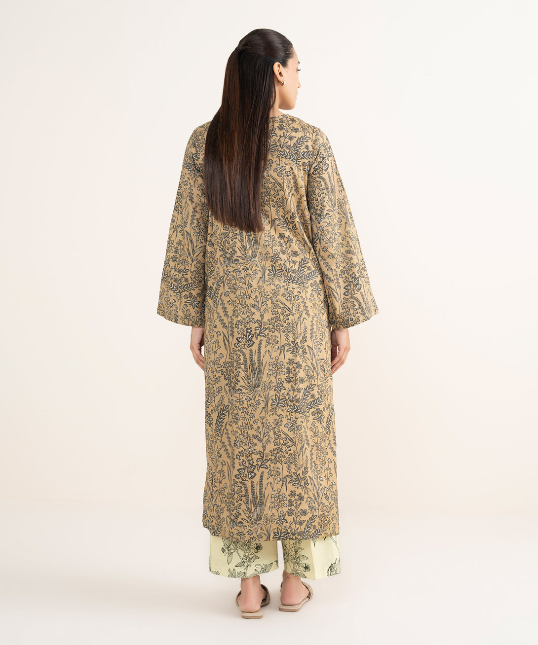 Women's RTW Viscose Lawn Beige Printed Straight Shirt