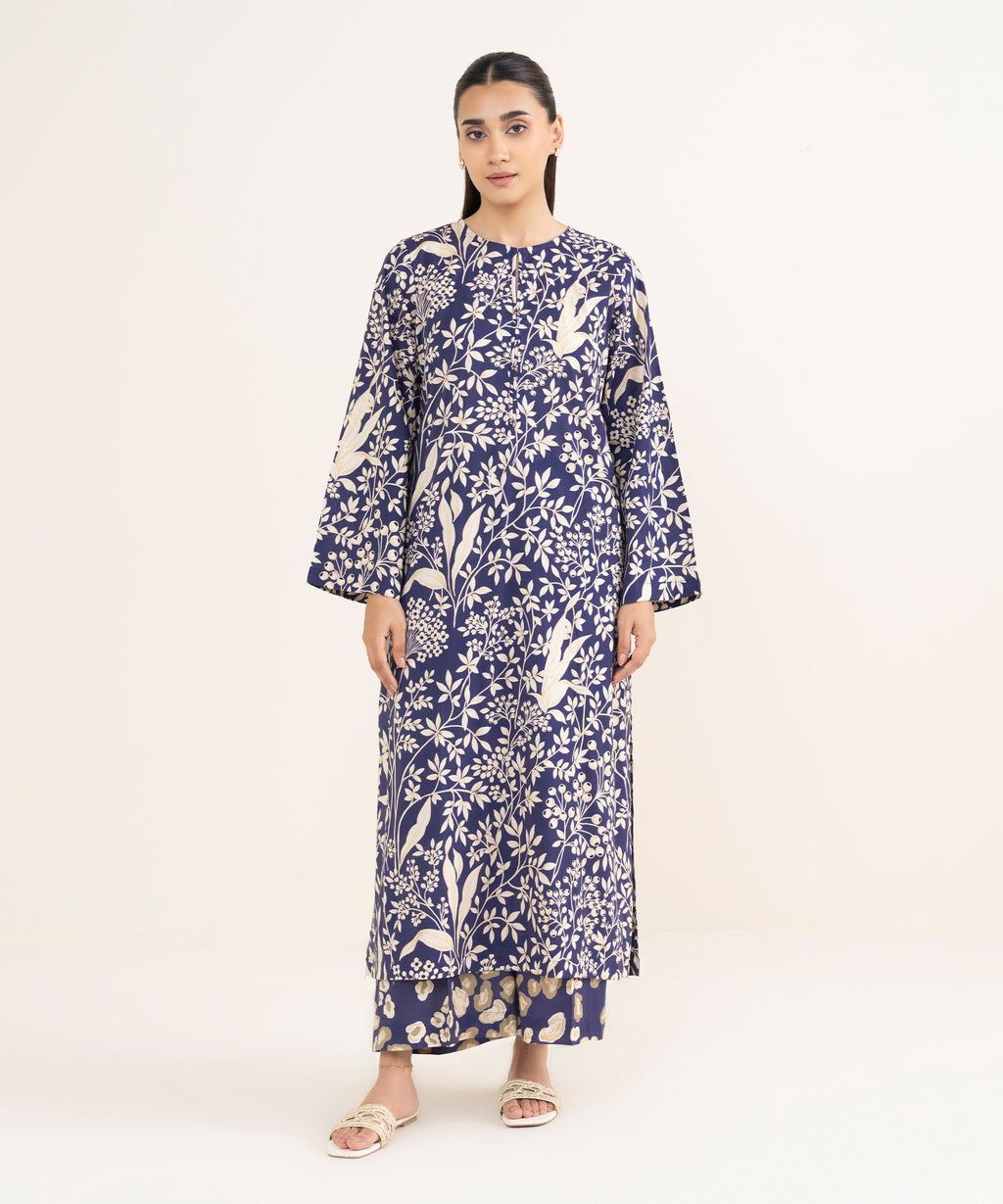 Women's RTW Viscose Lawn Blue Printed Straight Shirt