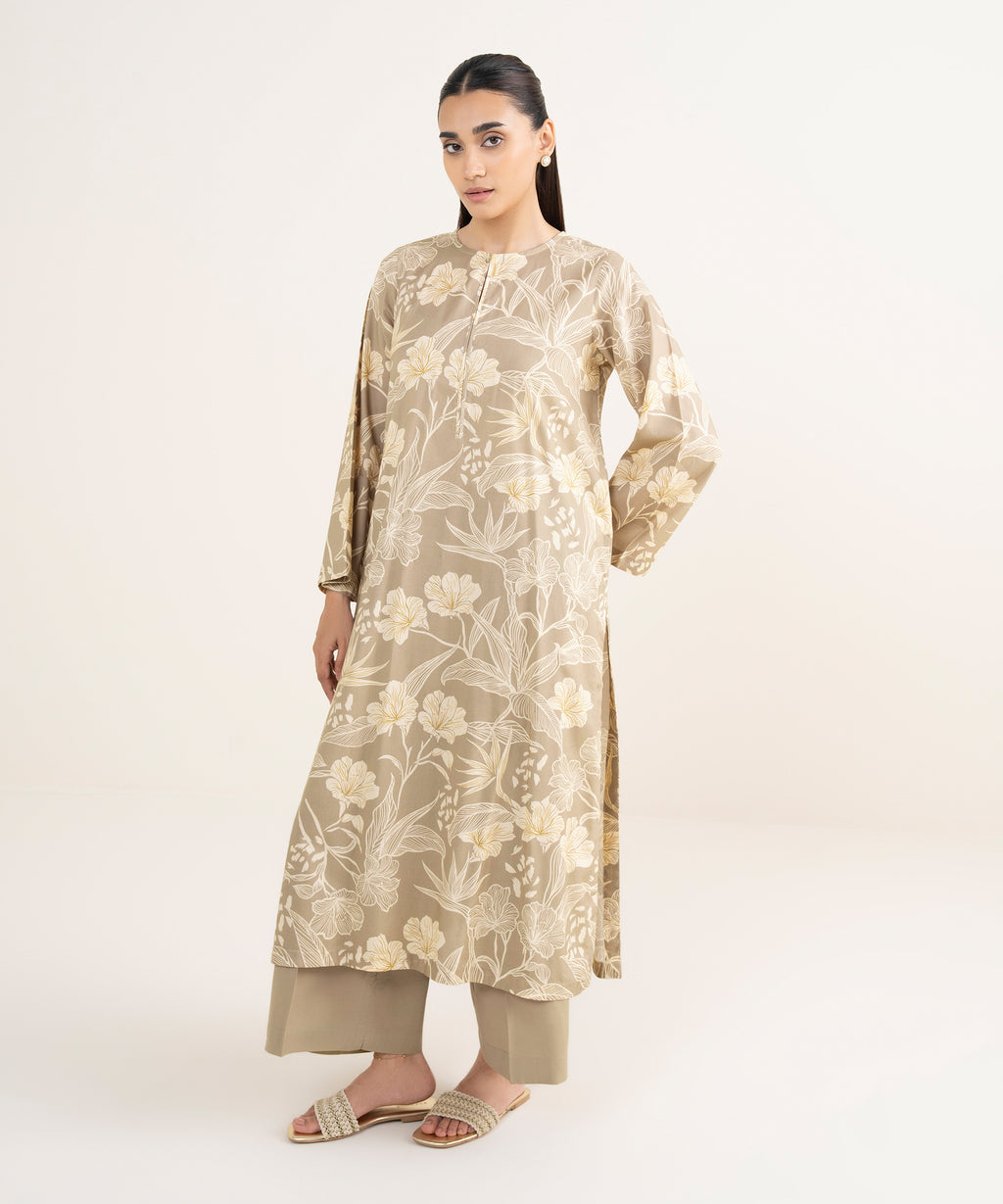 Women's RTW Viscose Lawn Beige Printed Straight Shirt
