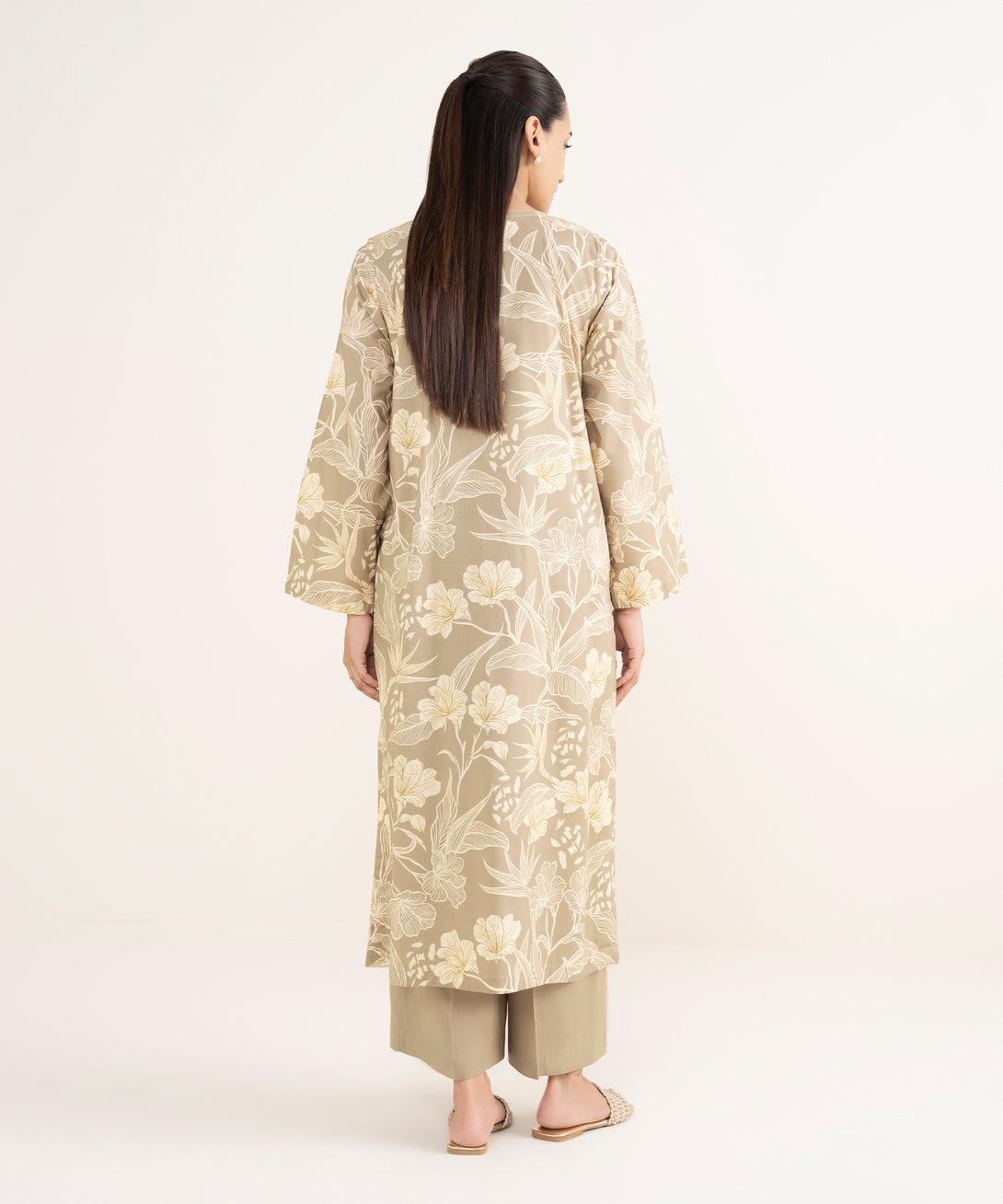 Women's RTW Viscose Lawn Beige Printed Straight Shirt