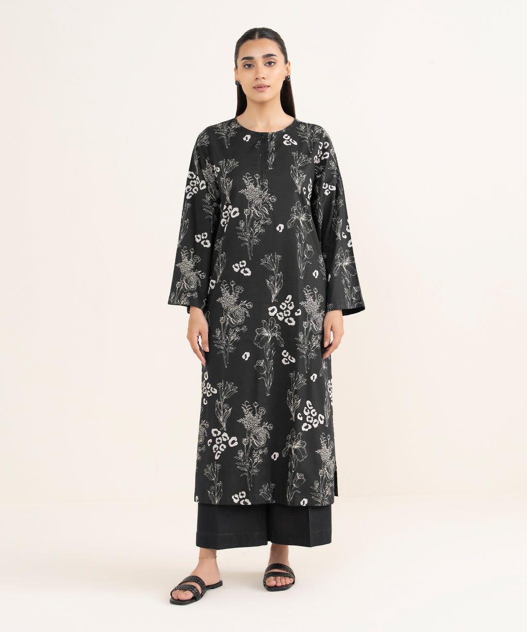 Women's RTW Viscose Lawn Black Printed Straight Shirt