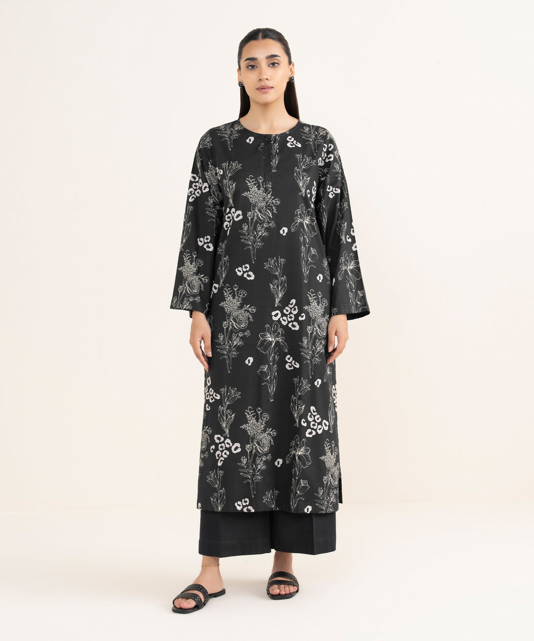 Women's RTW Viscose Lawn Black Printed Straight Shirt