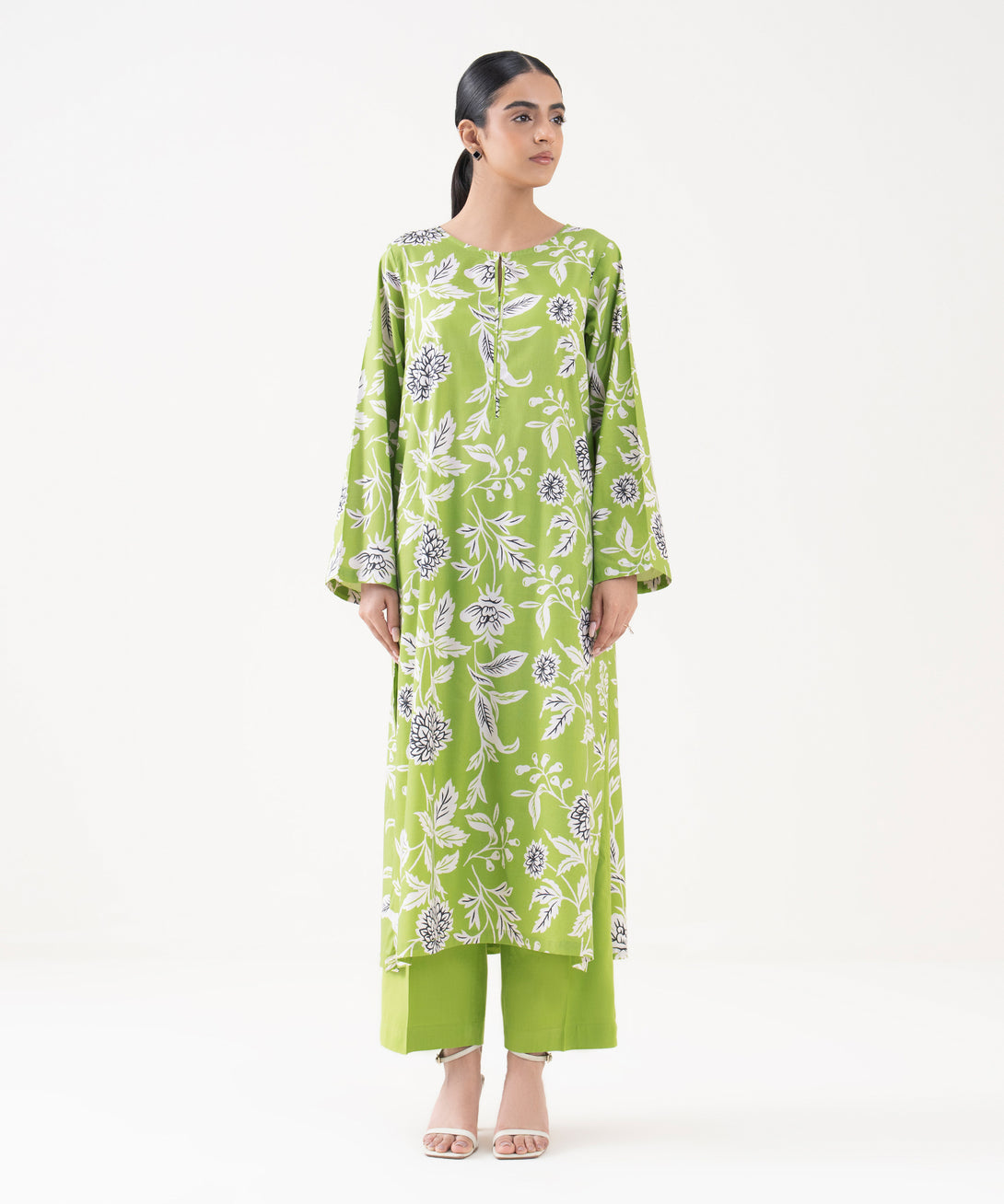 Women's RTW Viscose Lawn Green Printed A-Line Shirt