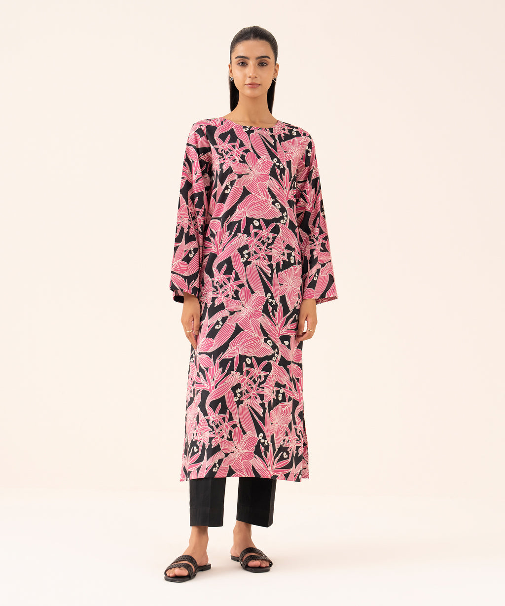 Women's RTW Viscose Lawn Salmon Pink Printed Straight Shirt
