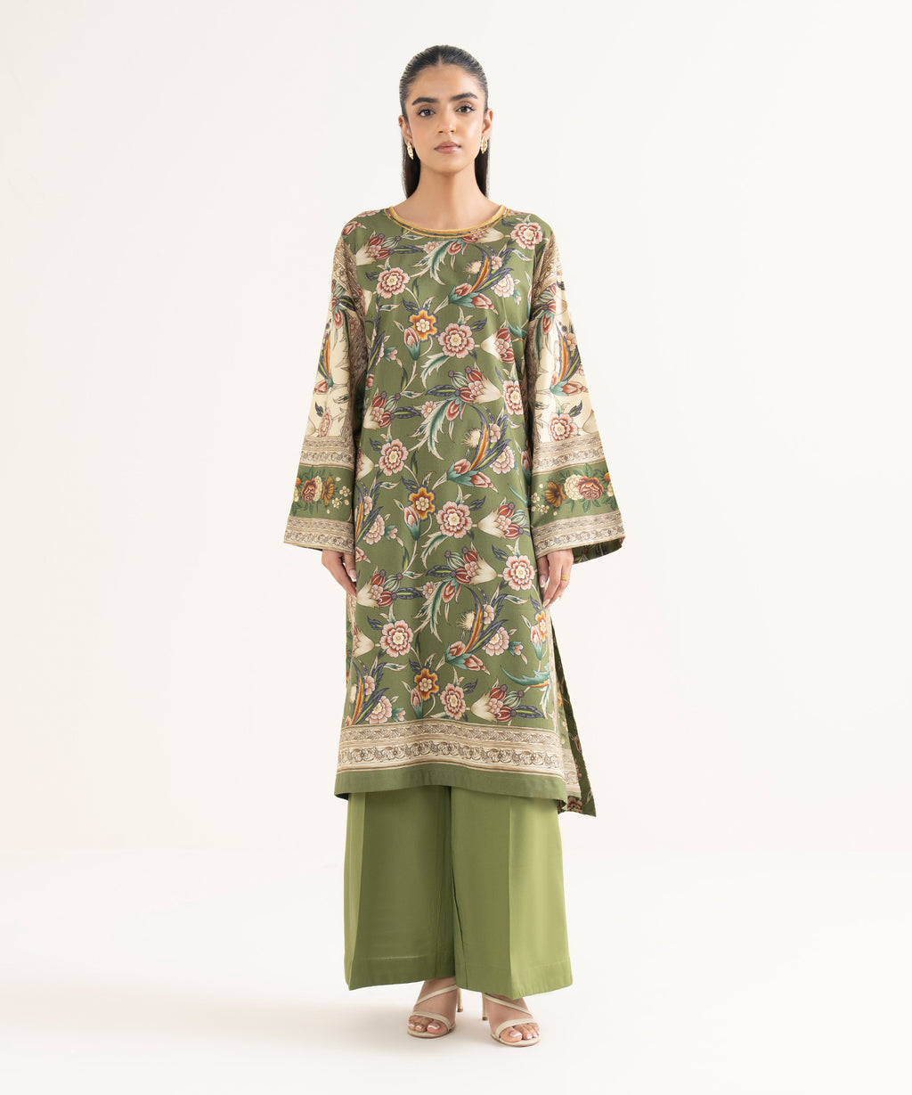 Women's RTW Cotton Viscose Printed Straight Green Shirt