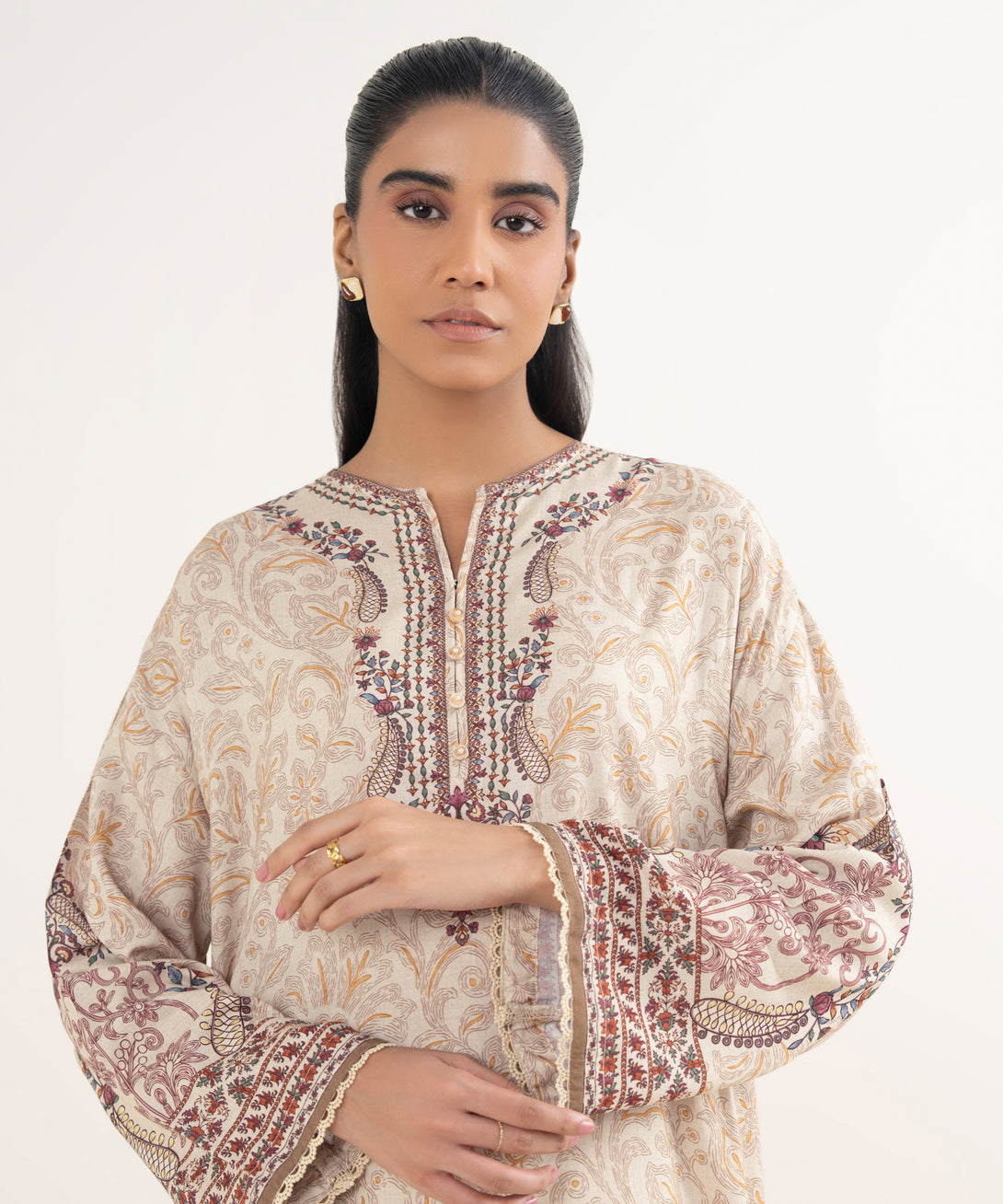 Women's RTW Viscose Linen Printed Beige Drop Shoulder Shirt