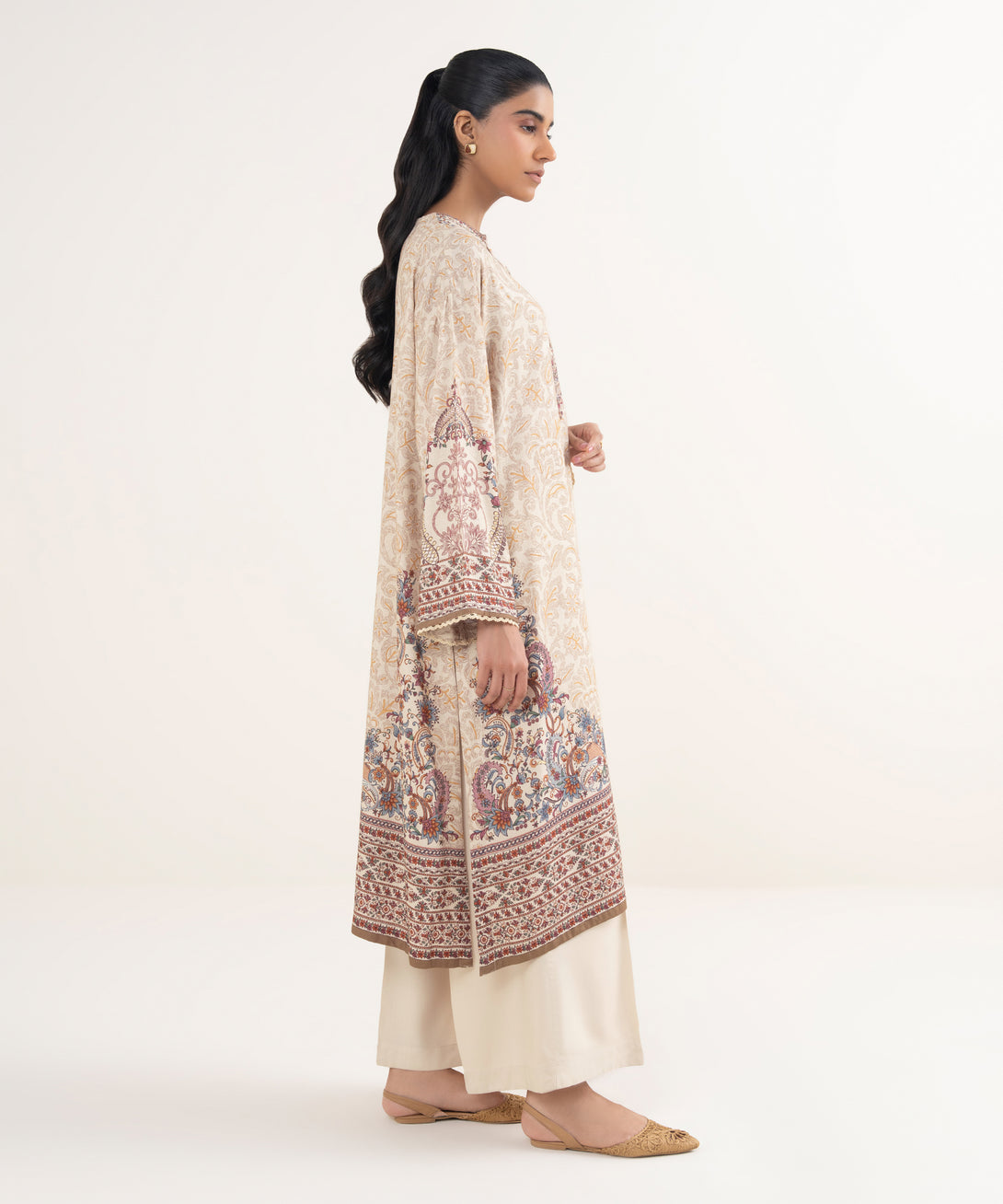 Women's RTW Viscose Linen Printed Beige Drop Shoulder Shirt