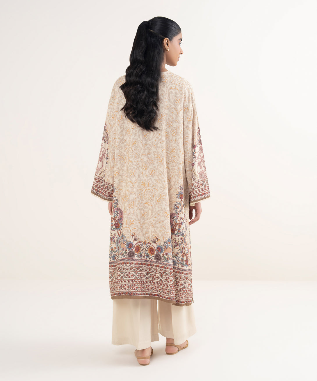 Women's RTW Viscose Linen Printed Beige Drop Shoulder Shirt
