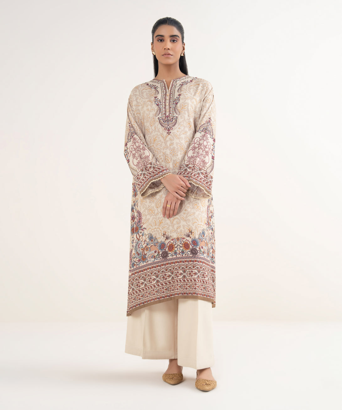 Women's RTW Viscose Linen Printed Beige Drop Shoulder Shirt