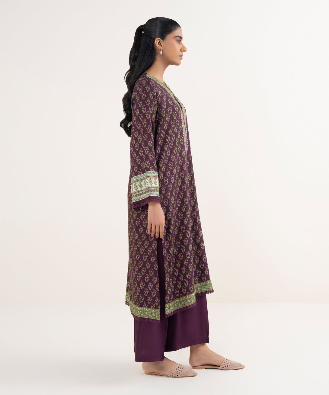 Women's RTW Viscose Linen Printed Purple Straight Shirt