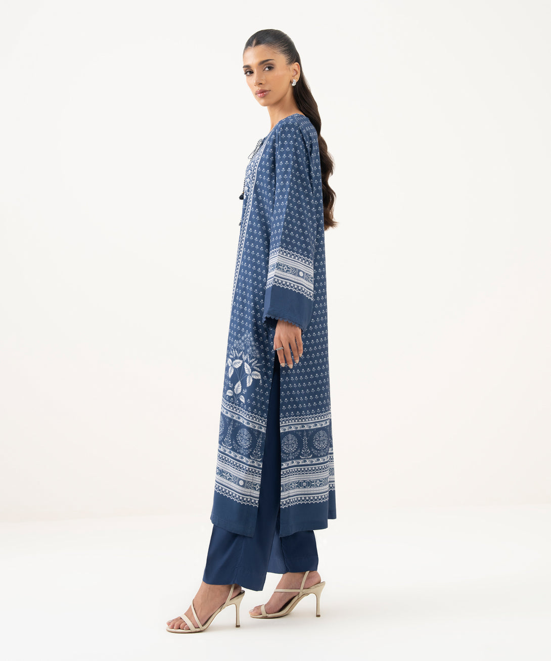 Women's RTW Viscose Linen Printed Blue A-Line Shirt